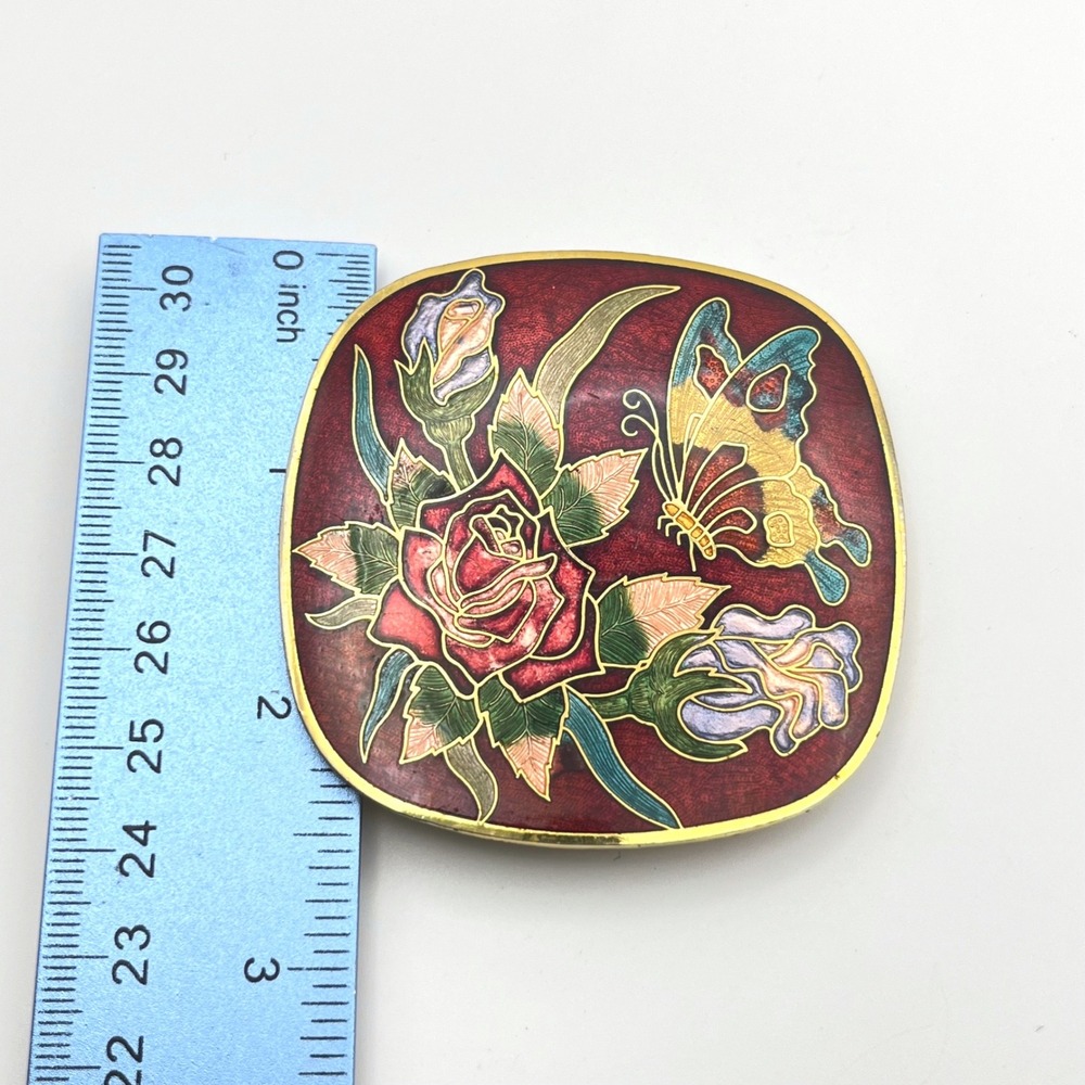 Vintage Red Cloisonne Enamel Floral Butterfly Scarf Clip Gold Tone Square Rose - Picture 6 of 7